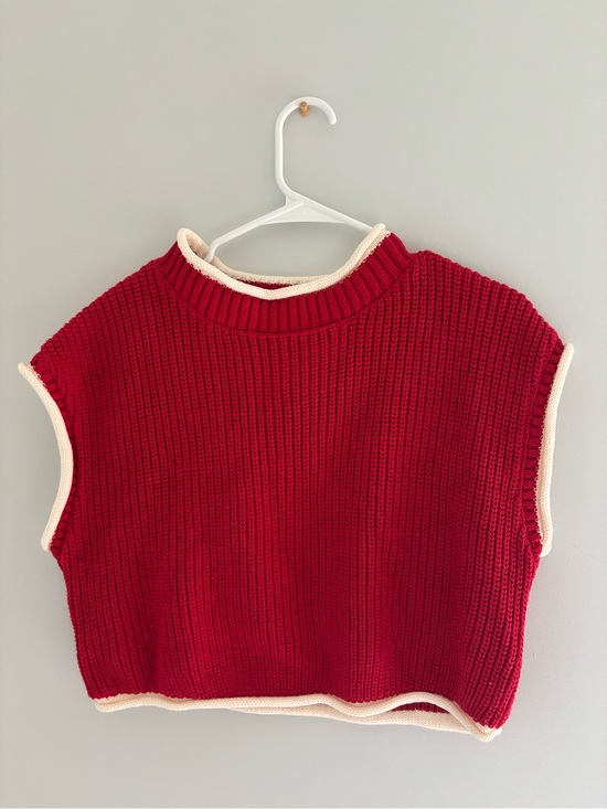 Day + Moon Sweaters - Red Knit Sleeveless Sweater with Cream Trim